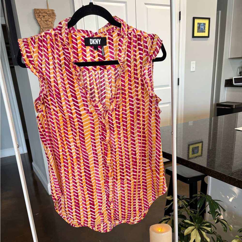 DKNY Women's Sleeveless Blouse - orange and Yellow Pattern